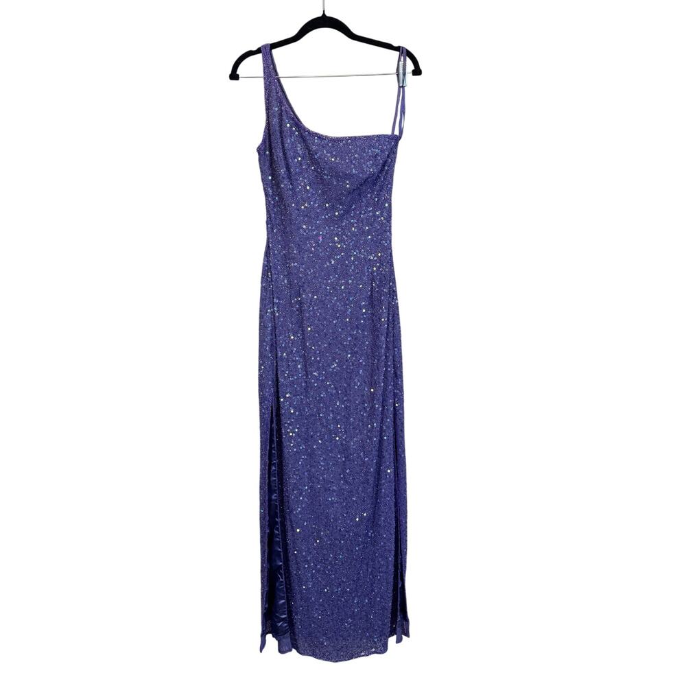 Vintage Scala Evening Gown L Purple Silk Sequin Beaded Gala Party Cocktail Prom